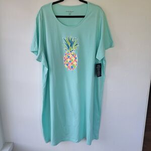 NEW Dreams & Co Womens 1X/2X PLUS Pineapple Nightgown Dress Teal Oversized Sleep